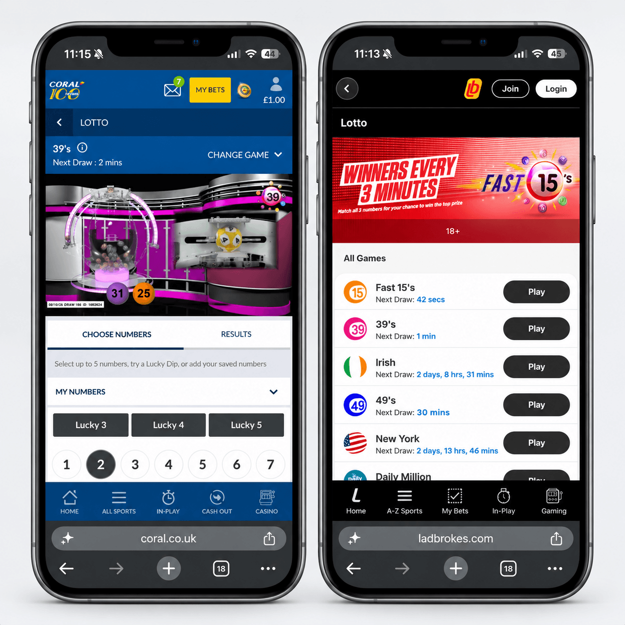 39's on Coral and Fast 15's on Ladbrokes, shown on mobile